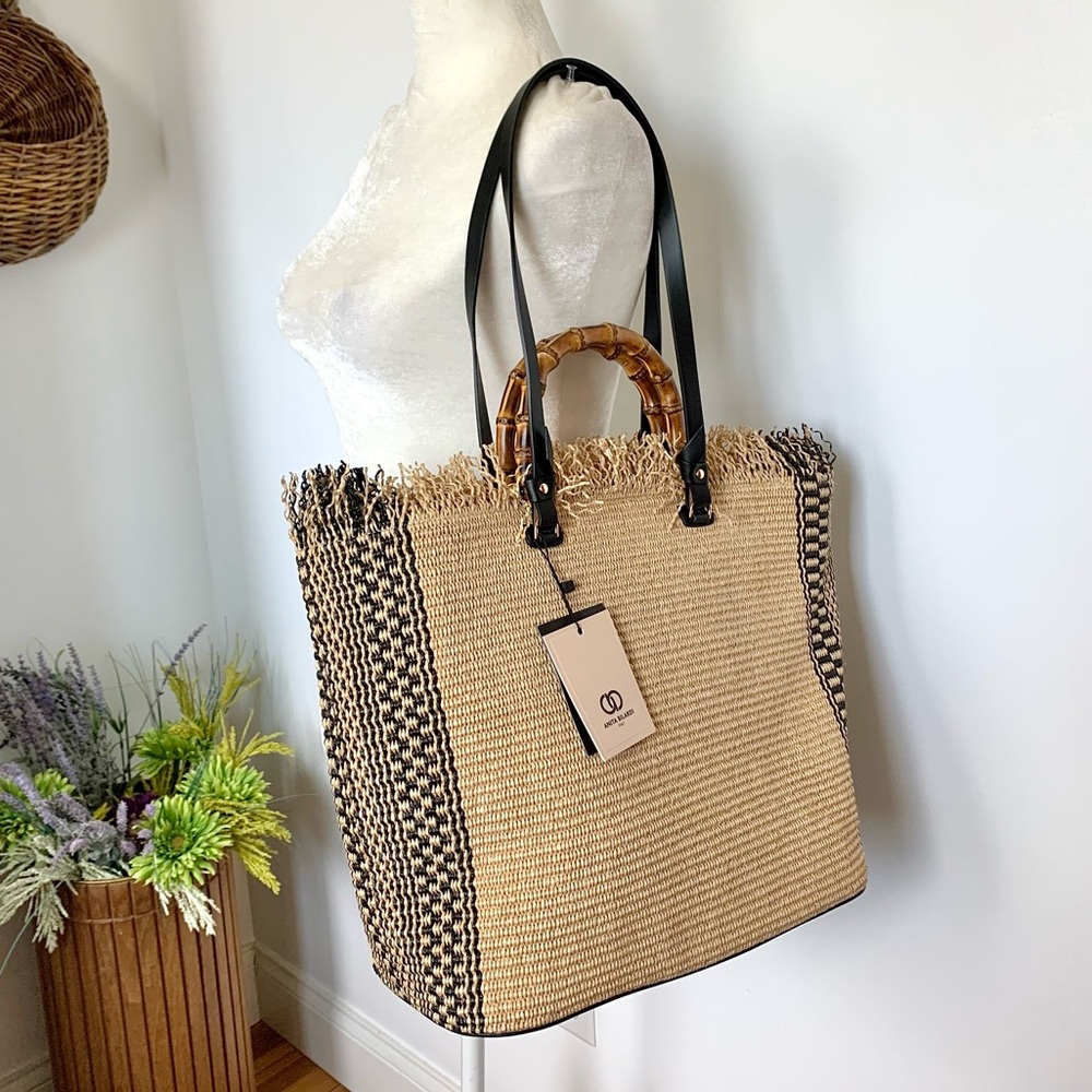 NEW Anita Bilardi Maxi Shopper Tote Raffia Leather Shoulder Bag Italy tan NWT